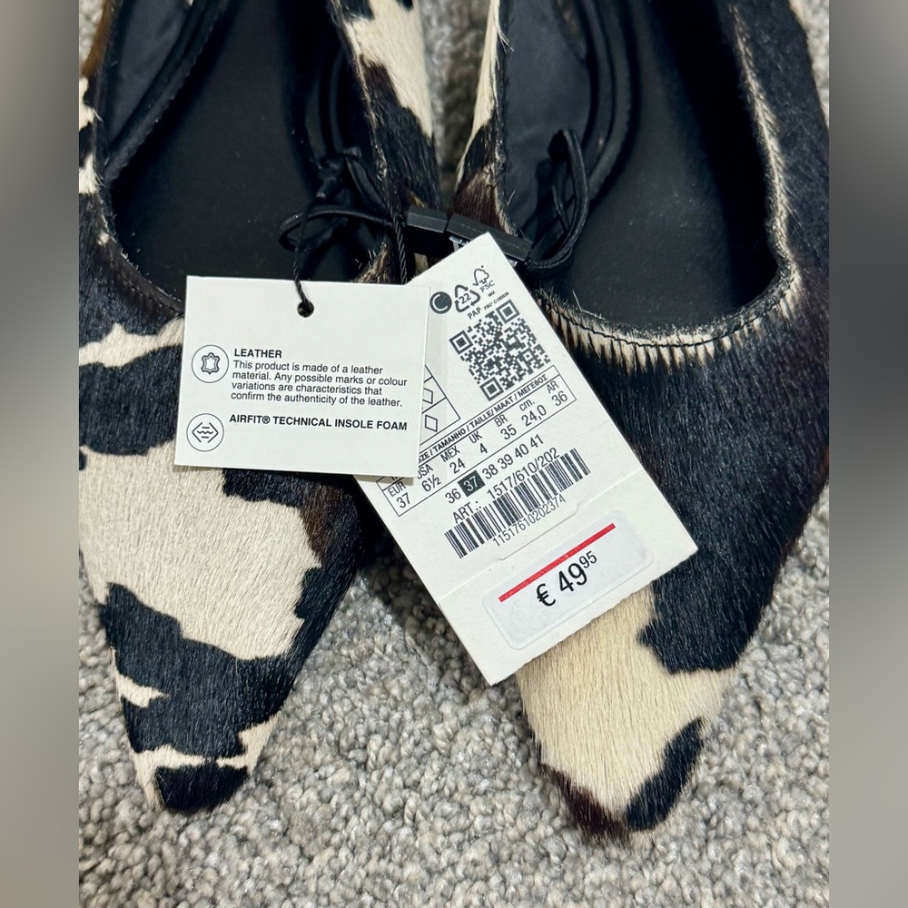NWT- Zara Leather Slingback Flats-cow furskin-Size 6.5 - Picture 2 of 5